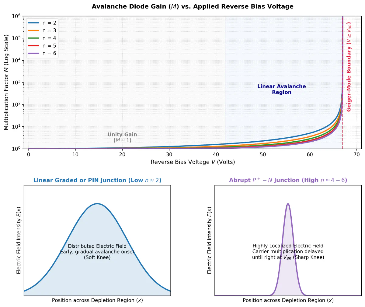 Graph showing multiplication factor M versus applied reverse bias voltage with different junction profiles