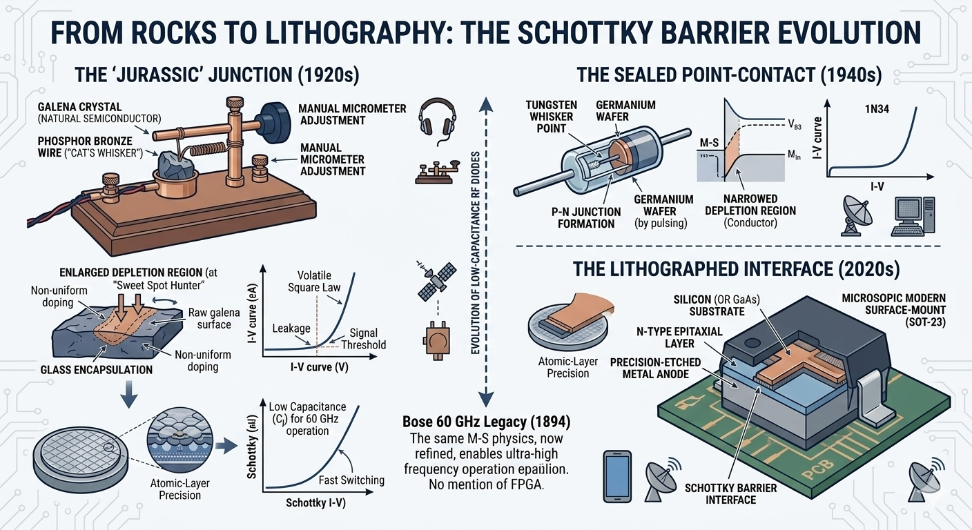 From manual point-contact to mass production: Crystal detector (1910s) → Encapsulated germanium point-contact diode (1940s) → Modern planar Schottky diode (1960s-present)